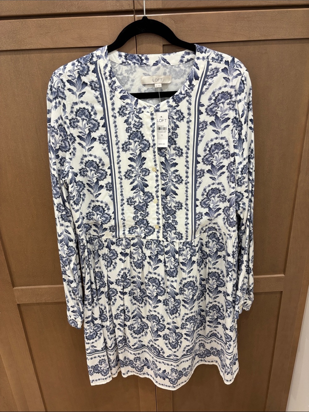 LOFT White and Blue Floral Long-Sleeve Tunic Dress